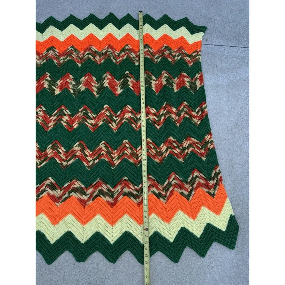 Vintage Handmade Crochet Afghan Blanket Green Orange Yellow Chevron Ripple 54x42